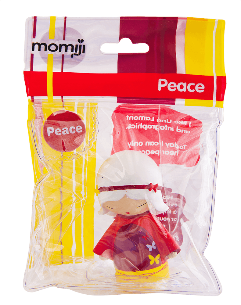 Peace Momiji doll sealed in clear packaging with yellow and red accents, dressed in a bright red outfit. — Momiji Doll