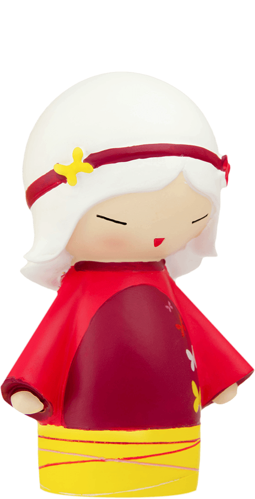 Peace Momiji doll with white hair, red cape, yellow accents, minimalist face; kawaii collectible designed by artists. — Momiji Doll
