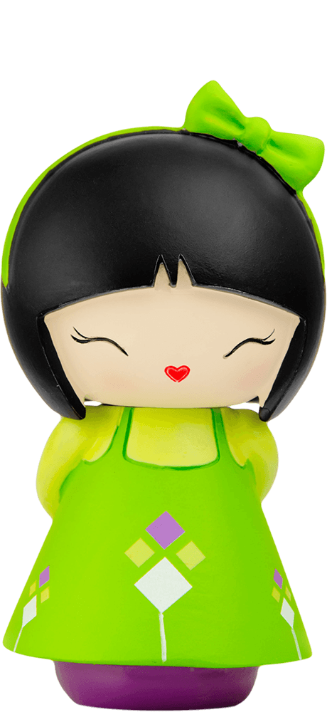 BFF Momiji doll with black hair, green dress and headband, smiling with a red heart mouth. Cute collectible character figure. — Momiji Doll