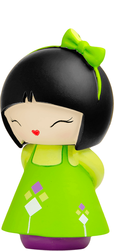 BFF Momiji doll with black hair, green bow and dress, red heart mouth; collectible with hidden secret message inside. — Momiji Doll
