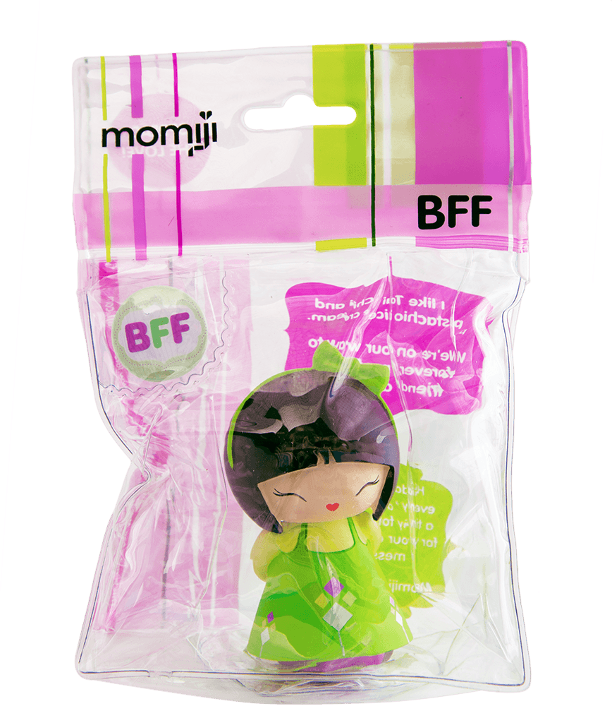 BFF Momiji doll with black hair, green dress, and secret message slot, packaged in a clear bag. — Momiji Doll