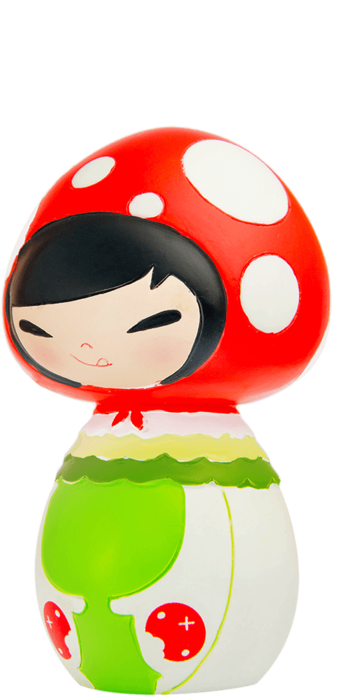 Snuggle Momiji doll with a red mushroom cap, black hair, and green-white outfit; kawaii collectible hiding a secret message. — Momiji Doll