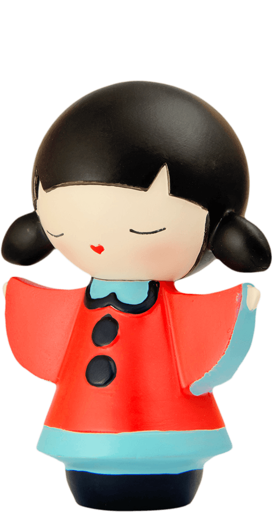 Thank you Momiji doll with black hair, eyes closed, and a red and blue dress. Cute collectible character with secret message inside. — Momiji Doll