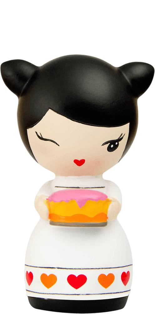 Momiji doll with black hair, winking, wearing a white dress with red hearts, holds a colorful birthday cake. — Momiji Doll
