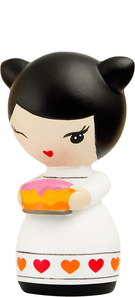 Momiji doll "Happy Birthday" with black hair, cat ears, white heart dress, holding a pink cake. — Momiji Doll