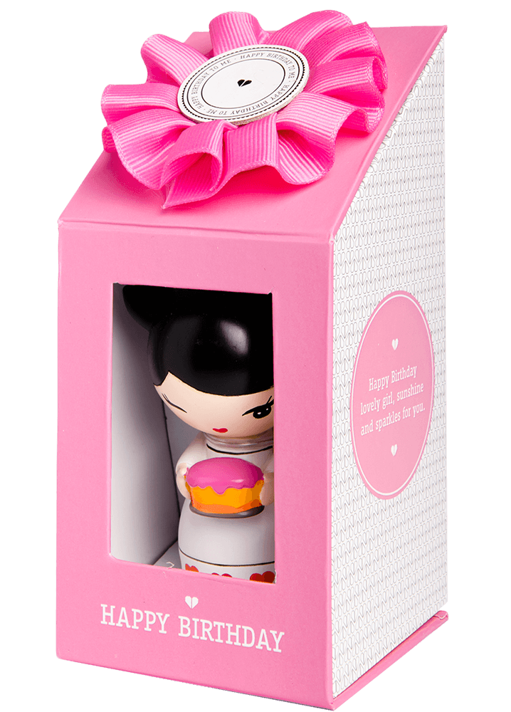Pink gift box with bow, featuring a Momiji doll holding a pink donut and "Happy Birthday" text on the front. — Momiji Doll