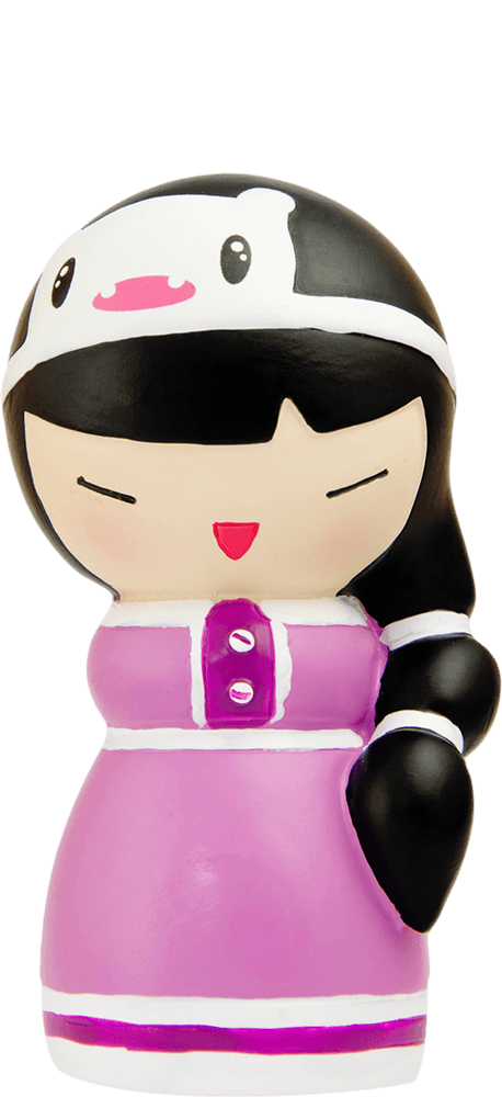 Yee Ha! Momiji doll with black hair, a cow headband, and a pink dress with white buttons and trim. Kawaii collectible charm. — Momiji Doll