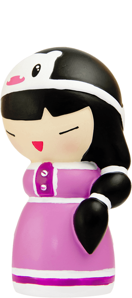 Yee Ha! Momiji doll with black hair, purple dress, and a white headband featuring an animal face. Secret message inside. — Momiji Doll