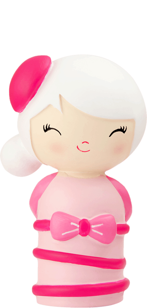 Birthday Girl Momiji doll with white hair, pink bow and dress, rosy cheeks, closed eyes, and a sweet smile—collectible charm. — Momiji Doll