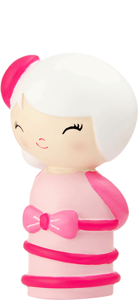 Birthday Girl Momiji doll has a smiling face, white hair, pink and white outfit, and a pink bow on her chest. — Momiji Doll