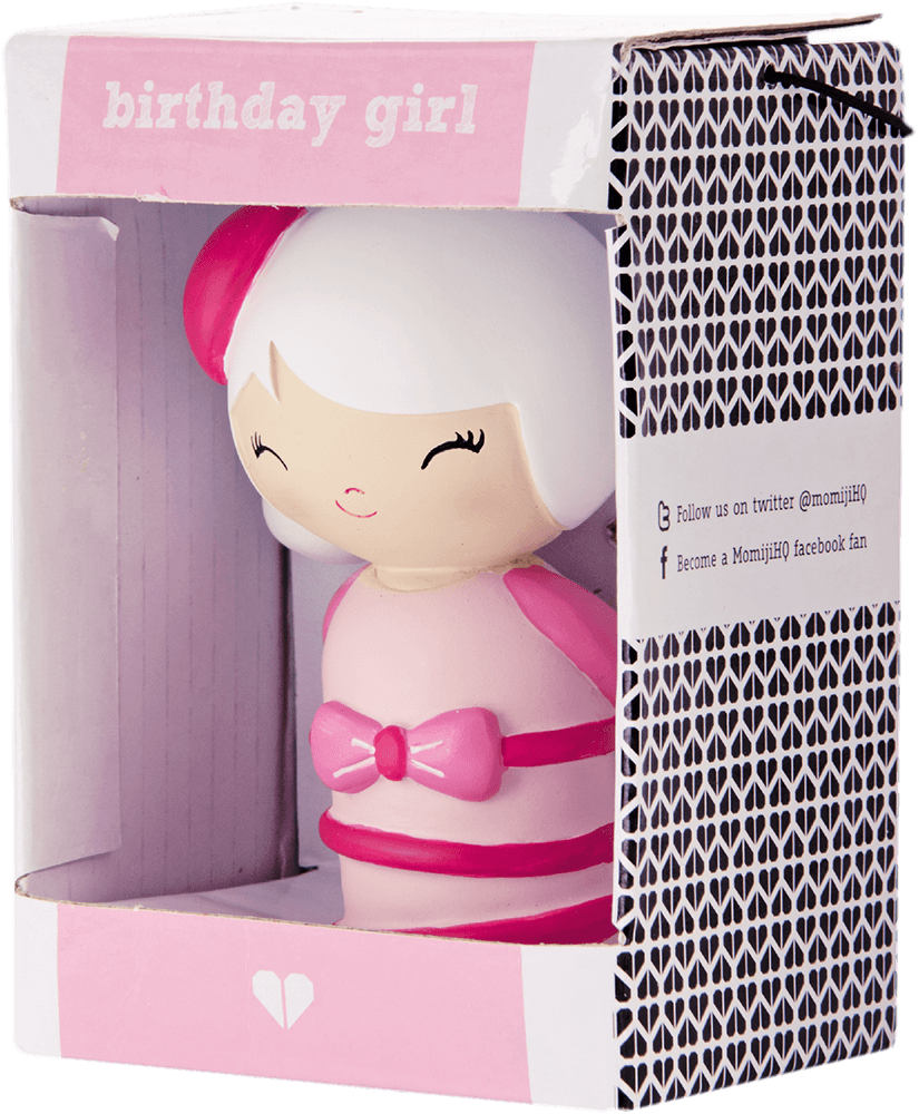Birthday Girl Momiji doll in pink and white with a bow, shown in a decorative box with hearts and patterns. — Momiji Doll