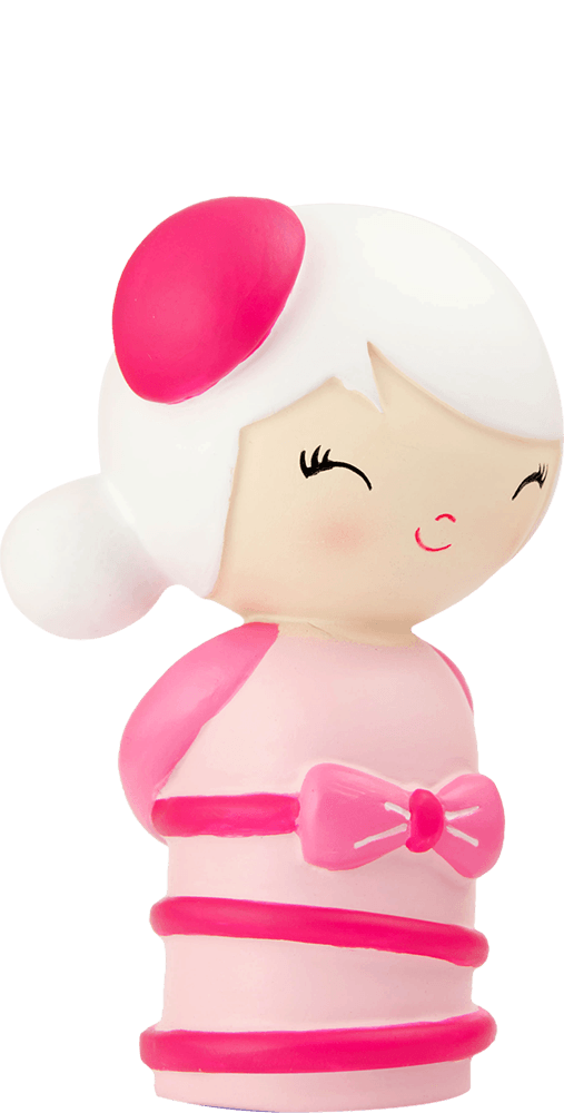 Birthday Girl Momiji doll with white hair, pink headphones, pink dress with a bow, and a big bright smile. — Momiji Doll