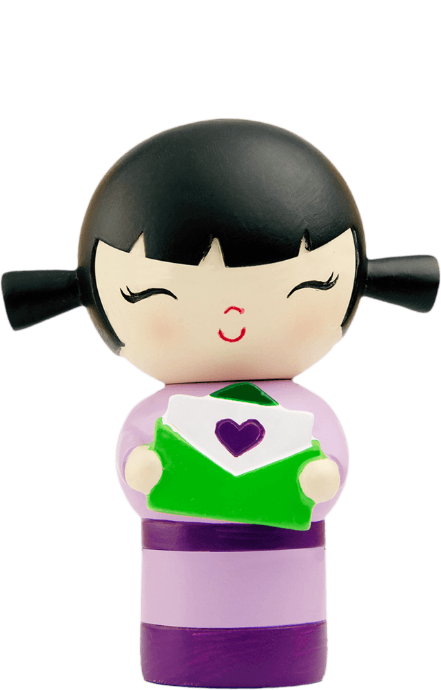 Best Friends Momiji doll with black pigtails, purple dress, holds a green envelope. Cute collectible with hidden message. — Momiji Doll