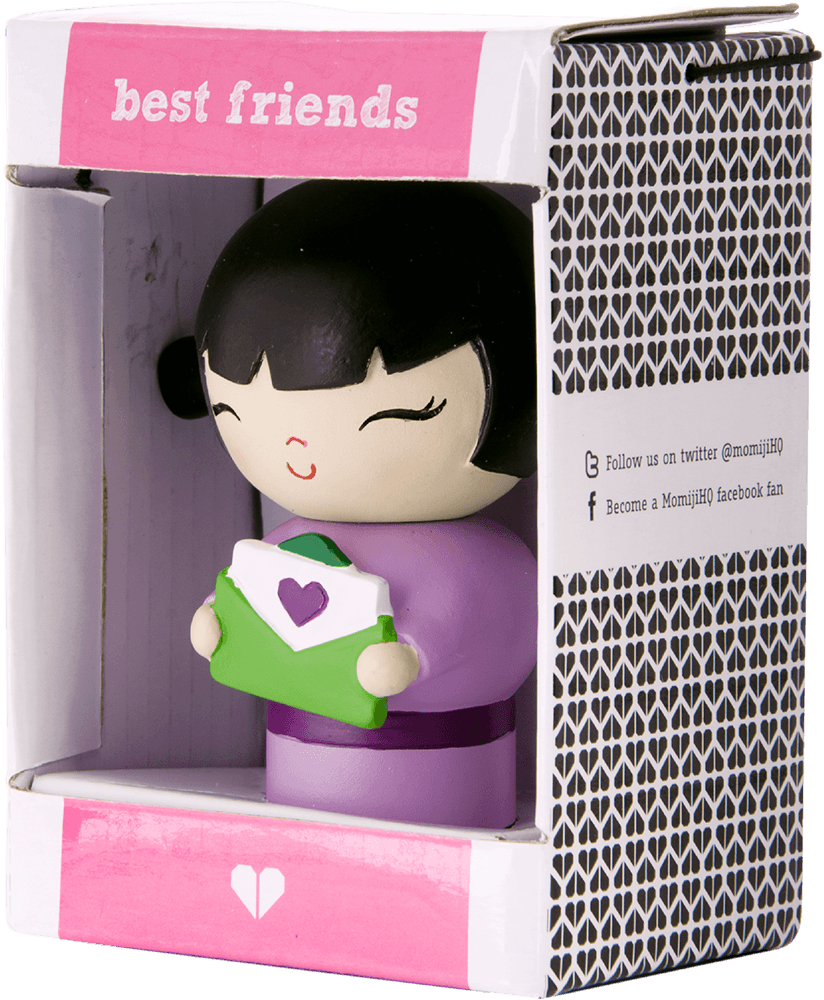 Best Friends Momiji doll in a purple dress, holding an envelope, arrives in a heart-decorated gift box. Secret message inside. — Momiji Doll