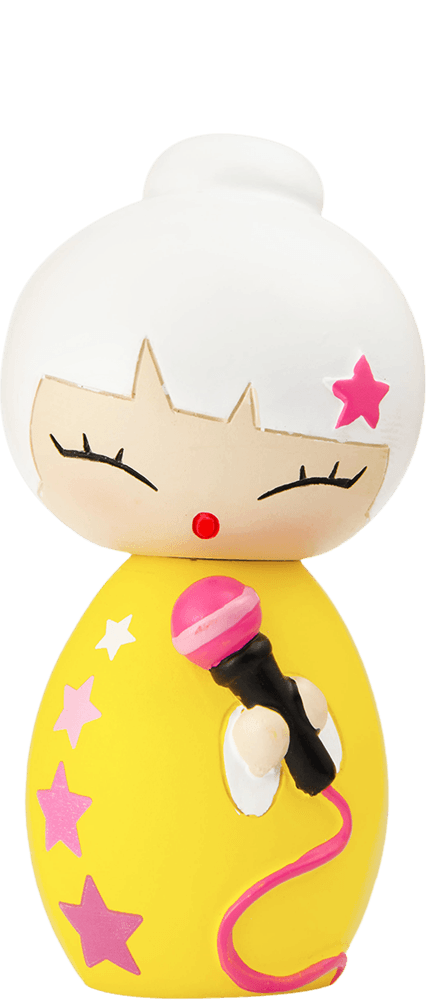 Little Star Momiji doll with white hair, a pink star on its face, yellow dress and holding a pink and black mic. — Momiji Doll