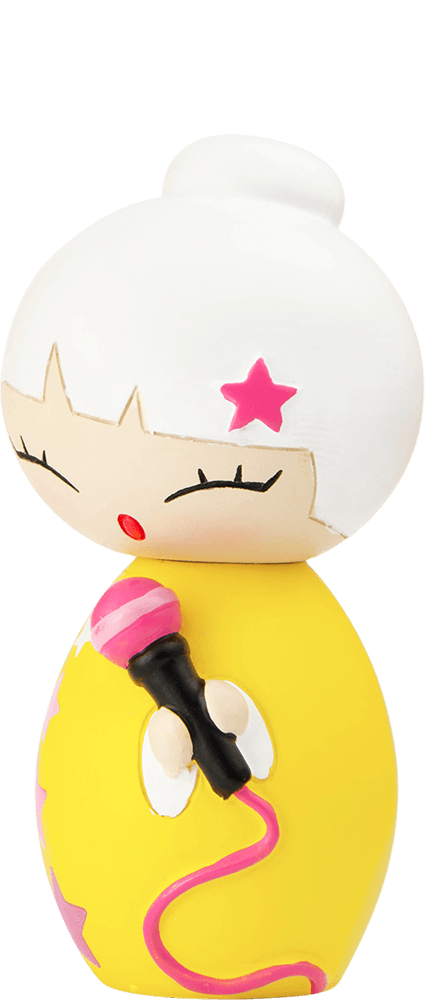Little Star Momiji doll with white hair, pink star, yellow outfit, and holding a pink & black microphone. — Momiji Doll
