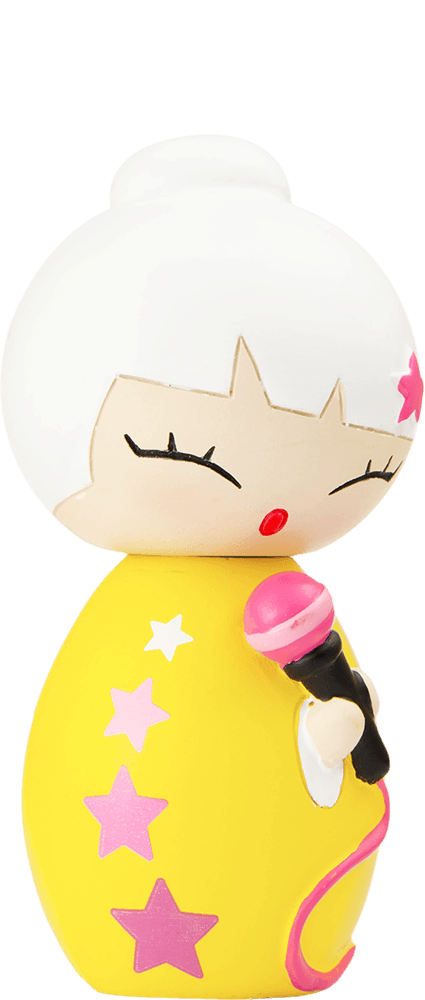 Little Star Momiji doll with white hair, yellow dress with pink stars, closed eyes, holding a pink and black microphone. — Momiji Doll
