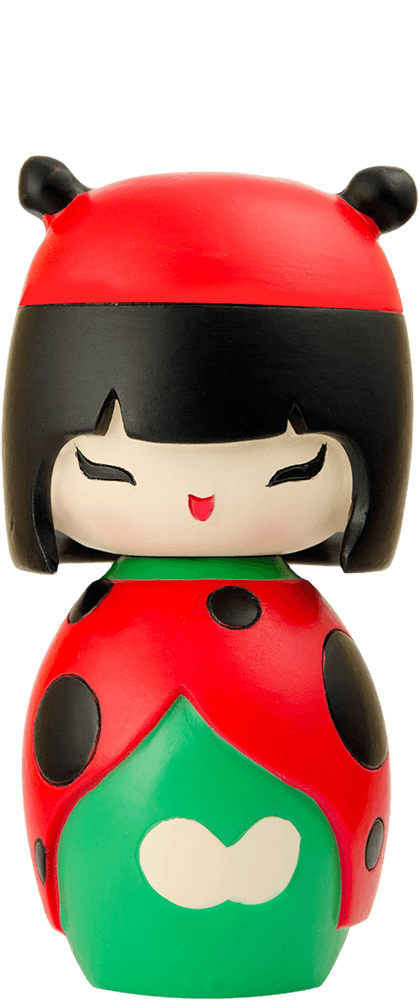 Lucky Momiji doll with a ladybug theme, red wings, black spots, a smiling face, and signature slot for a secret message. — Momiji Doll