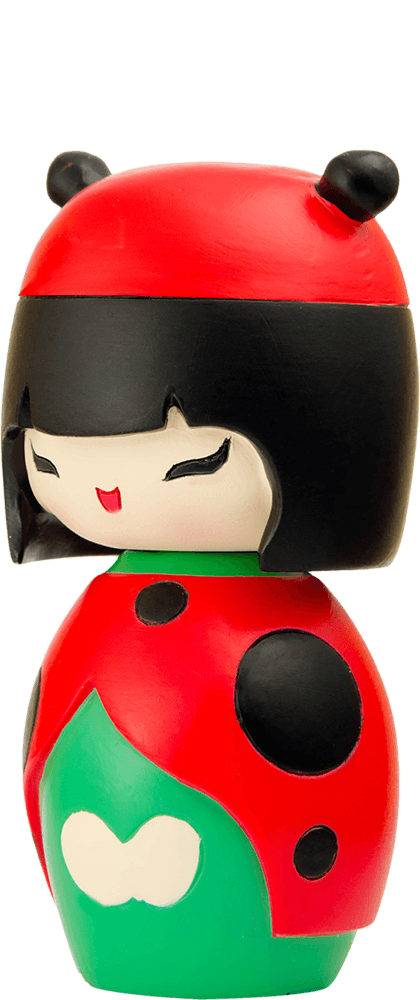 Lucky Momiji doll with black hair, ladybug-red wings with black spots, and green accents; hides a secret message inside. — Momiji Doll