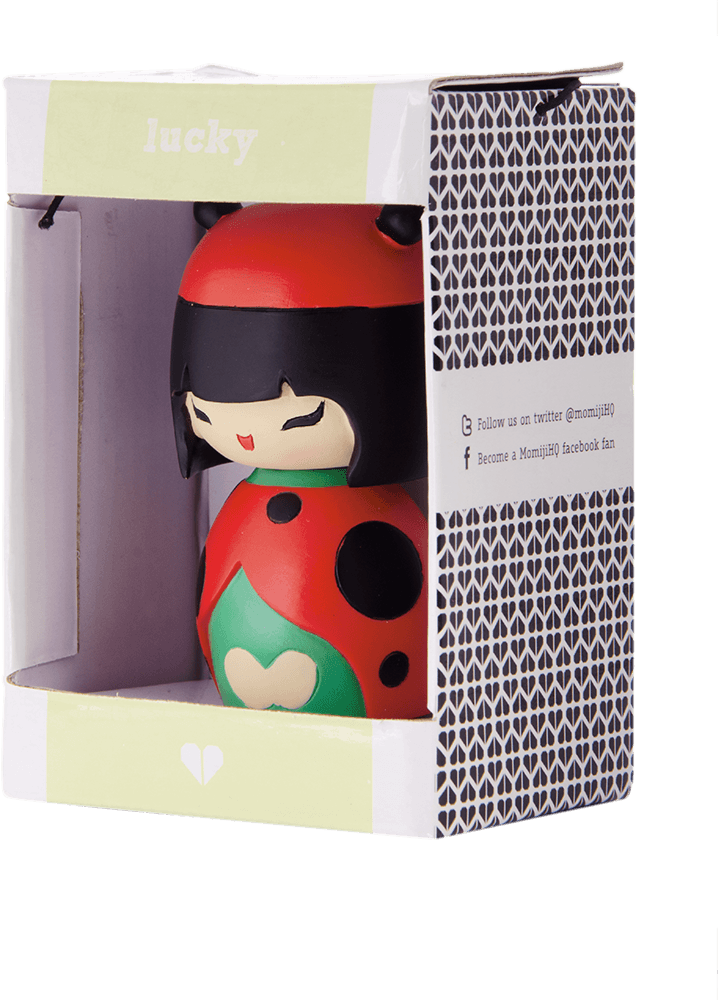 Lucky Momiji doll with black bob, red dress and ladybug details, in a patterned box labeled "lucky" with secret message inside. — Momiji Doll