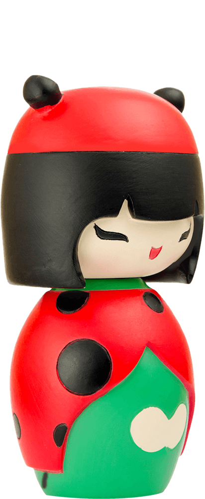Lucky Momiji doll with black hair, red ladybug shell, black spots, and a green leaf detail; holds a secret message inside. — Momiji Doll