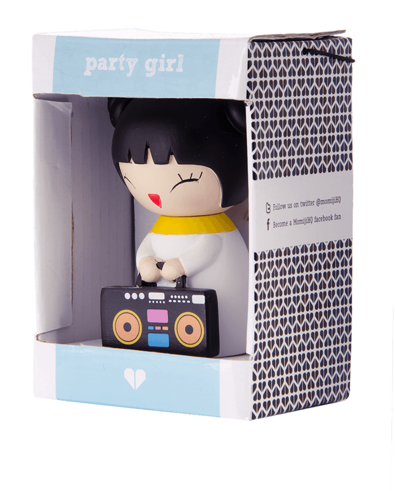 Party Girl Momiji doll holds a colorful boombox, boxed with bright graphics and social media info on the packaging. — Momiji Doll