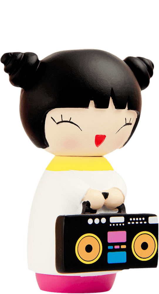 Party Girl Momiji doll with pigtails, smiling and holding a colorful boombox; kawaii collectible with a secret message slot. — Momiji Doll