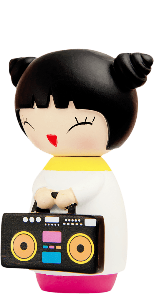 Party Girl Momiji doll with black hair buns, white dress, and a colorful boombox accessory. Secret message inside!. — Momiji Doll