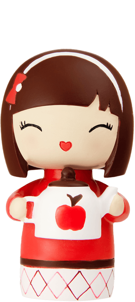 Sister Momiji doll with short brown hair, red bow, red-and-white dress, holding an apple teapot. Secret message inside. — Momiji Doll