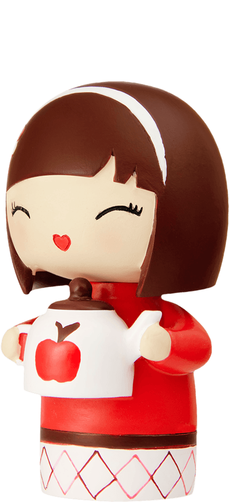 Sister is a Momiji doll with brown hair, red outfit, and holding a teapot decorated with a red apple motif. — Momiji Doll
