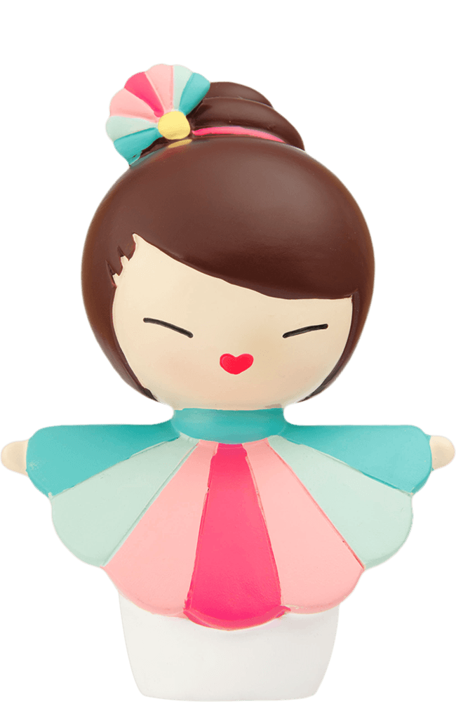 Momiji doll "Hero" with brown hair, red lips, teal, pink and red dress, plus accessory. Secret message inside. — Momiji Doll