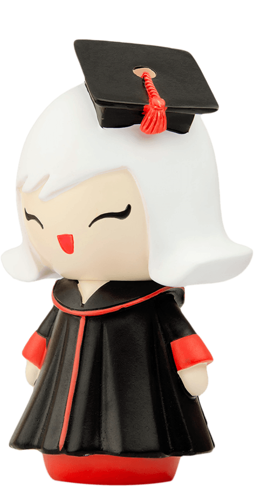 Clever Clogs Momiji doll with white hair, black graduation gown and cap, closed-eye smile; kawaii collectible character. — Momiji Doll