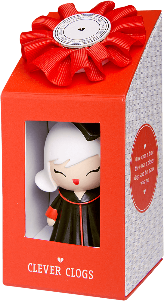 The Clever Clogs Momiji doll has white hair, and comes in a red and black box with a red ribbon. — Momiji Doll