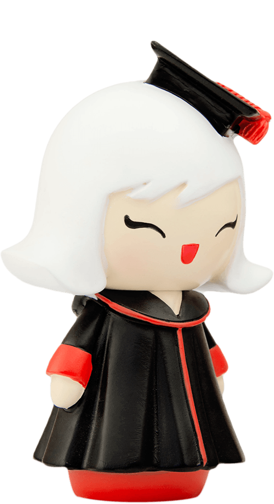 Clever Clogs Momiji doll with white hair in a black graduation gown and cap, smiling with closed eyes. — Momiji Doll