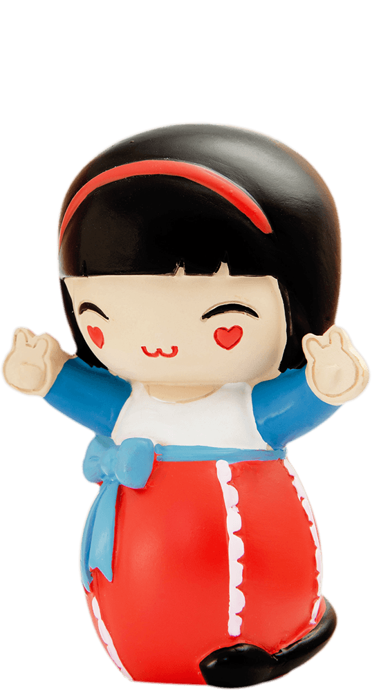 Lucky Momiji doll with black hair, red headband, and bow skirt, making a peace sign; cute collectible hiding a secret message. — Momiji Doll