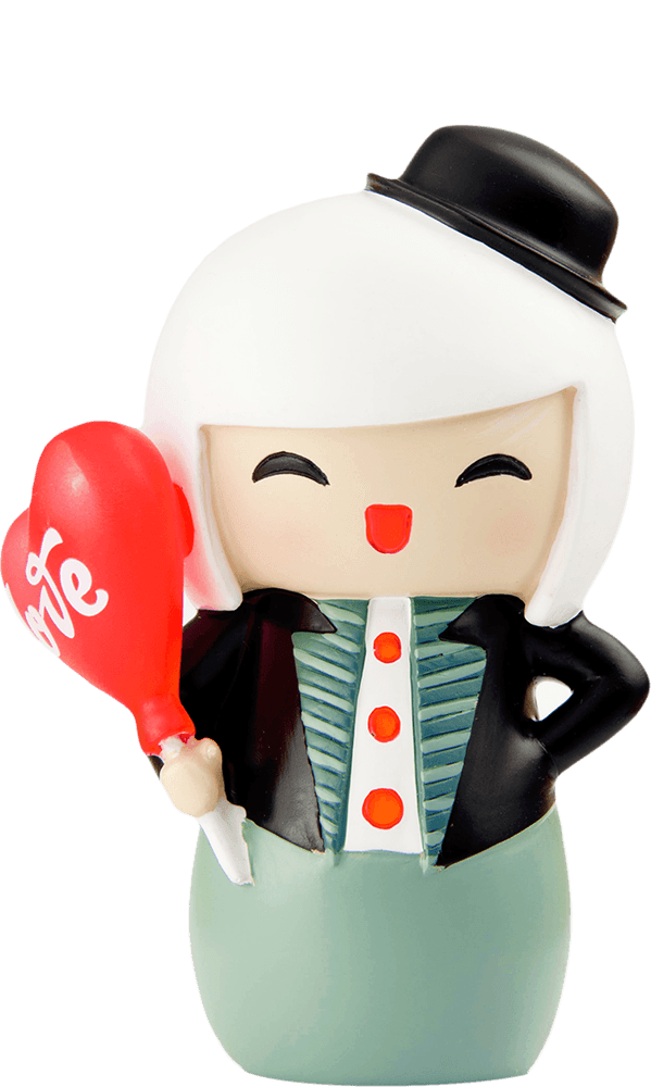 Momiji doll Love with white hair, black hat, holding a red heart balloon that says "love"; super cute collectible character. — Momiji Doll