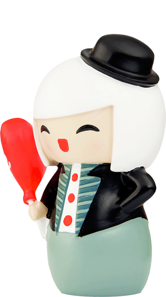 Love Momiji doll with white hair, black hat, black jacket, and holding a red item. Kawaii collectible character design. — Momiji Doll