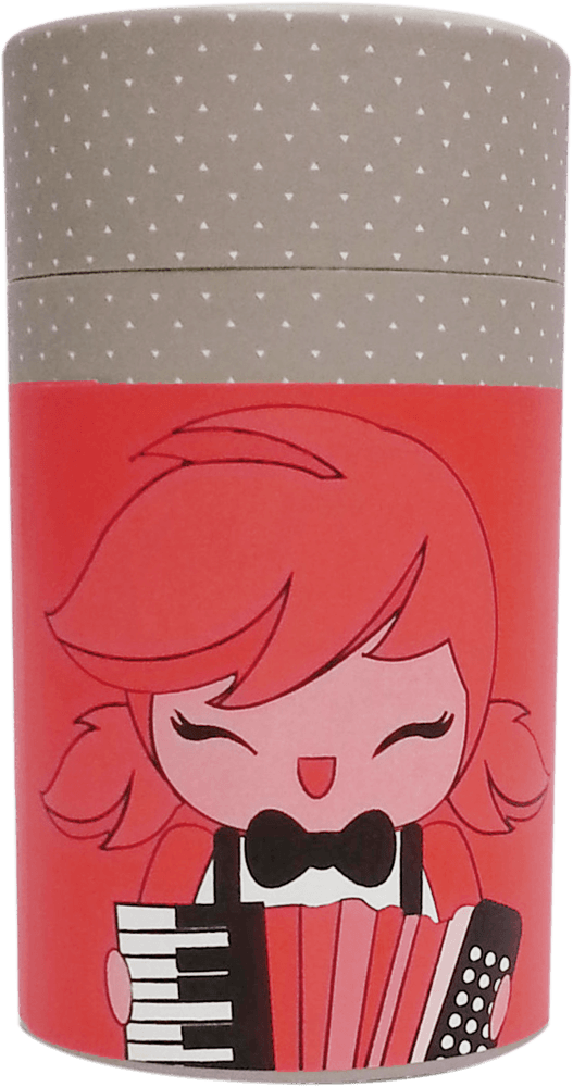 Party Girl Momiji doll on a red cylindrical container, cartoon girl playing accordion with kawaii details, inspired by Tokyo street style. — Momiji Doll