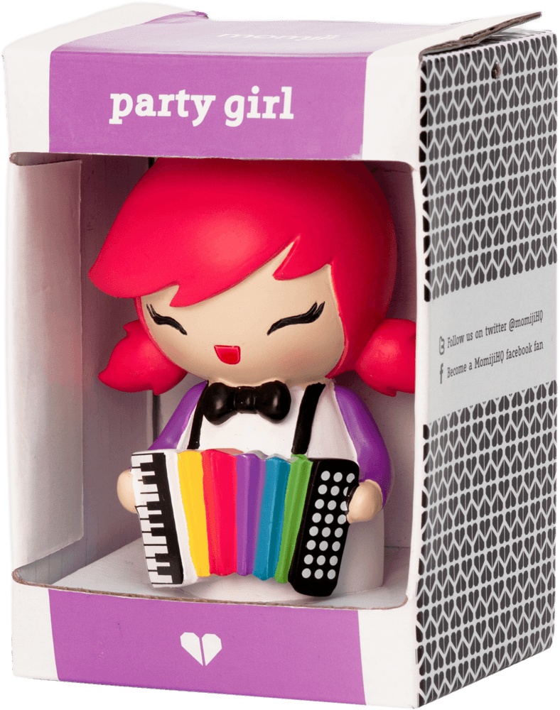 Party Girl Momiji doll with pink hair, an accordion, and a secret message inside. Presented in a purple collectible box. — Momiji Doll