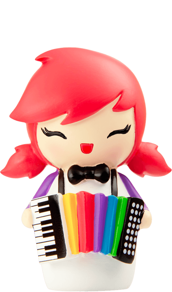 Party Girl Momiji doll with red hair, closed eyes, a smile, black bow tie, and holding an accordion. — Momiji Doll