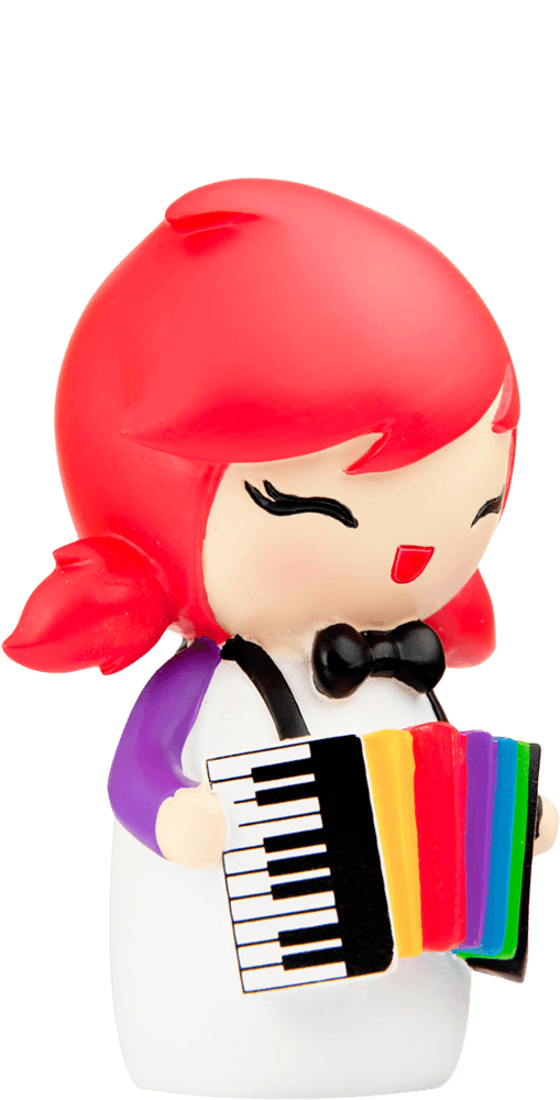 Party Girl Momiji doll with bright red hair, rainbow accordion, blue bow tie, and secret message hidden inside. Collectible and cute!. — Momiji Doll