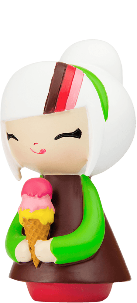 Best Friends Momiji doll with white hair, green-brown outfit, smiling and holding a pink-yellow ice cream cone. — Momiji Doll