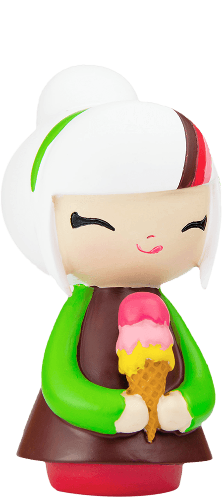 Best Friends Momiji doll with white hair, green-brown outfit, holding a pink-yellow ice cream cone; collectible with secret message. — Momiji Doll