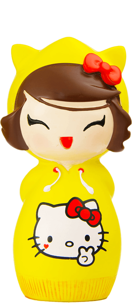 Chihiro Momiji doll in a yellow hoodie with cat ears, smiling, featuring Hello Kitty on the front; kawaii collectibles. — Momiji Doll