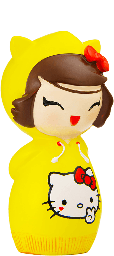 Chihiro Momiji doll in a yellow hoodie with cat ears and Hello Kitty design, smiling brightly; kawaii collectible character. — Momiji Doll