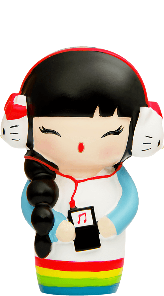 Gigi Momiji doll with headphones, holding a music player, in a white dress with rainbow stripes. — Momiji Doll