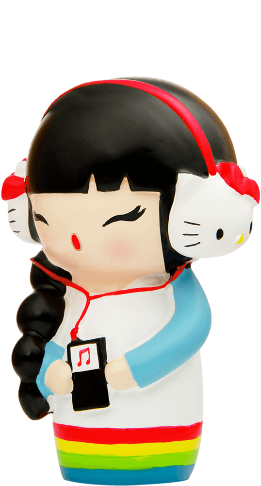 Gigi Momiji doll with black braids, cat-ear headphones, rainbow outfit, and holding a music player. Collectible and kawaii. — Momiji Doll