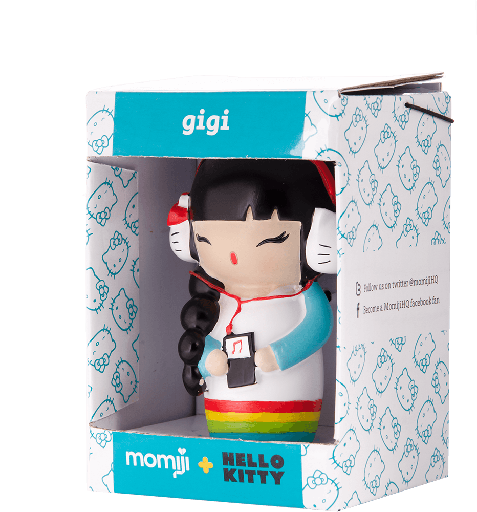 Gigi Momiji doll with headphones, in a colorful box with Hello Kitty branding and social media icons. — Momiji Doll