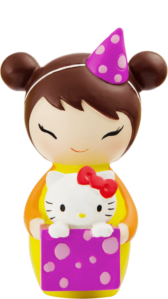 Kipi: A kawaii Momiji doll girl in a party hat holding Hello Kitty and a purple gift with pink dots. — Momiji Doll