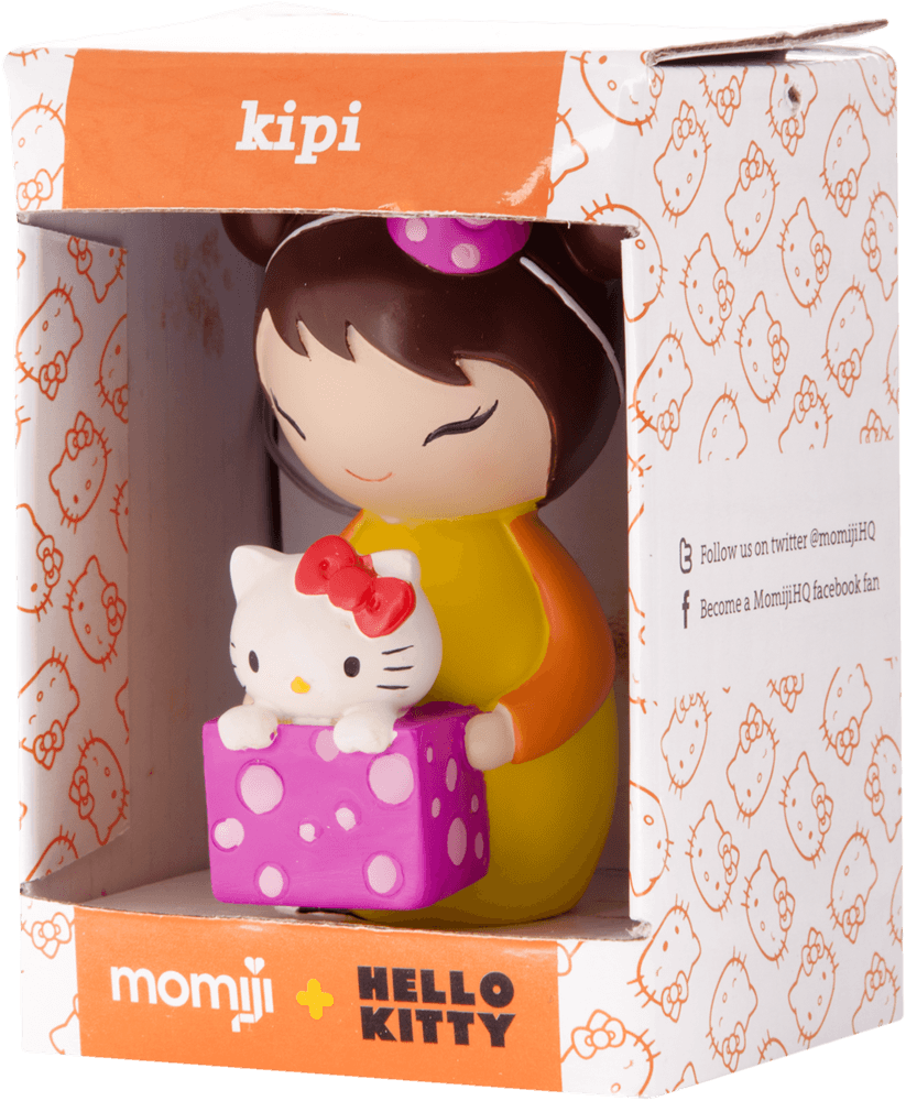 Kipi Momiji doll holds a Hello Kitty gift, in a collectible white and orange collab box with cute character details. — Momiji Doll